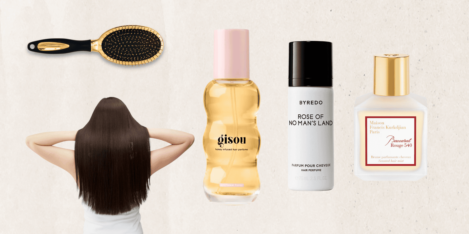 Collage of hair perfume products and a picture of a woman with shiny hair and a hair brush