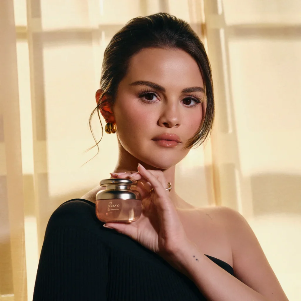 An image of Selena Gomez with her newly launched rare perfume