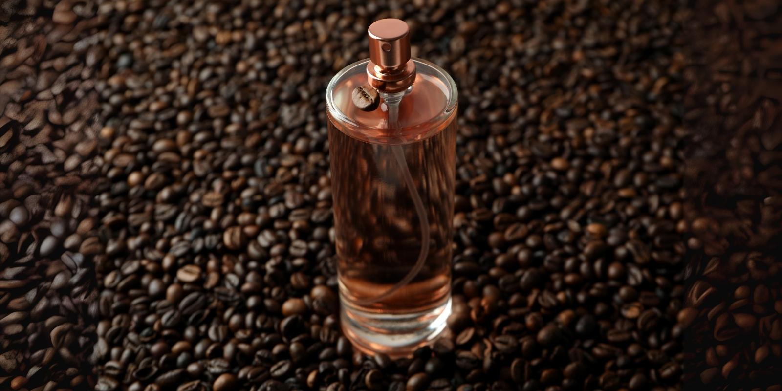 An image of a perfume with coffee background