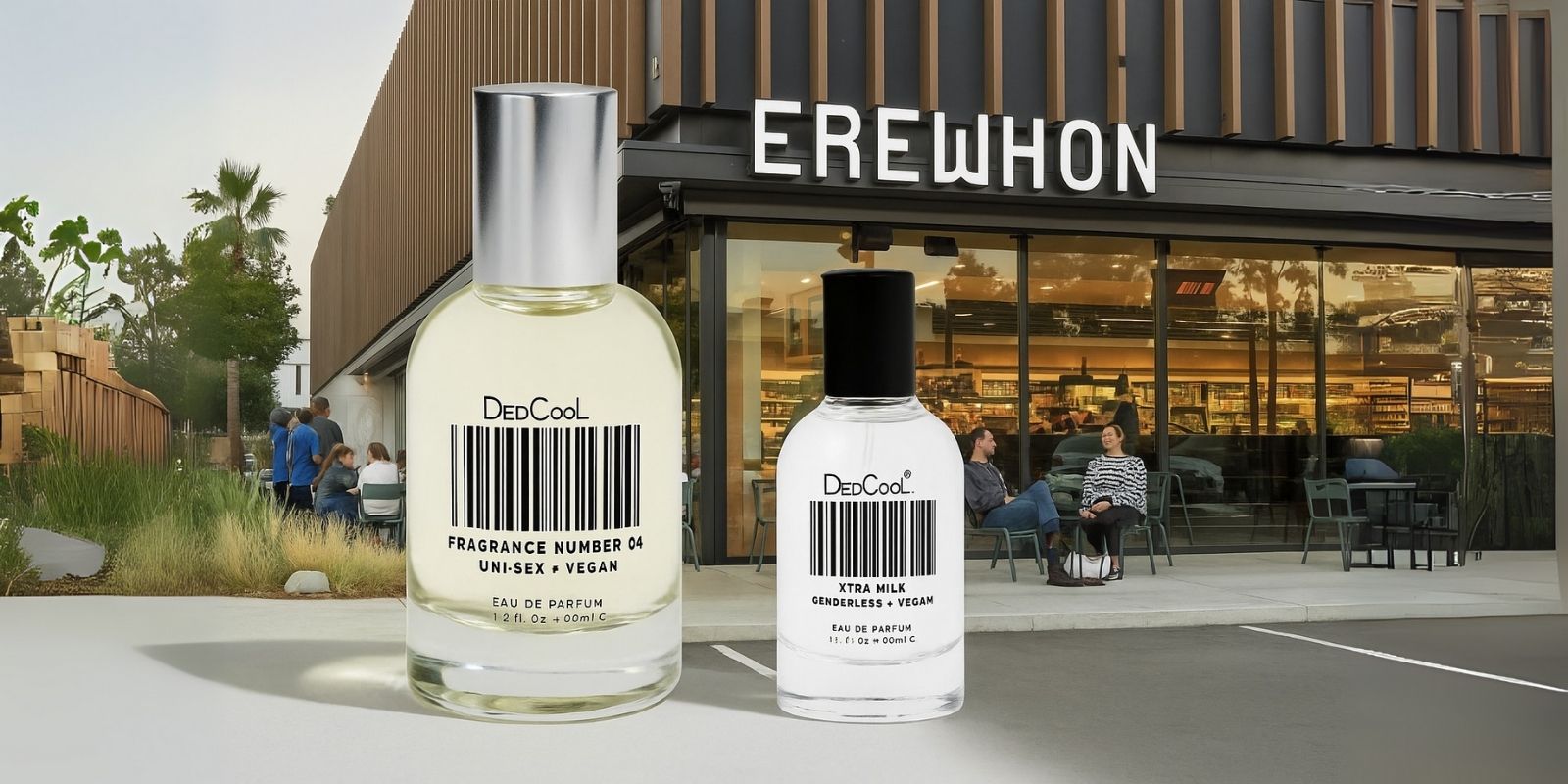 A creative illustration of a storefront with perfumes inront of it