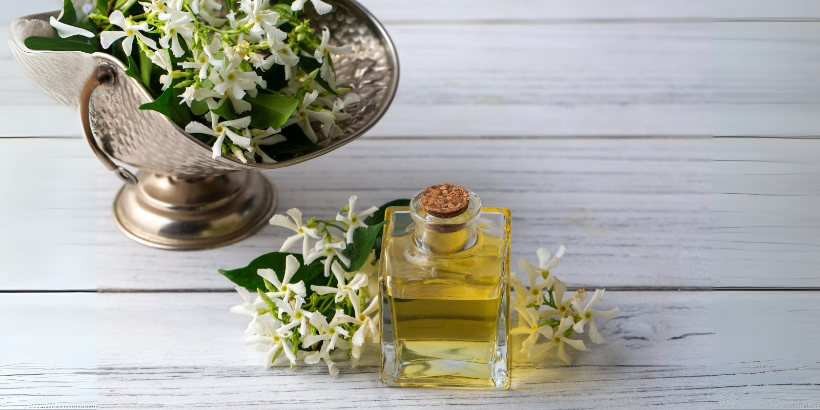 An image of jasmine and different related products with jasmine perfume