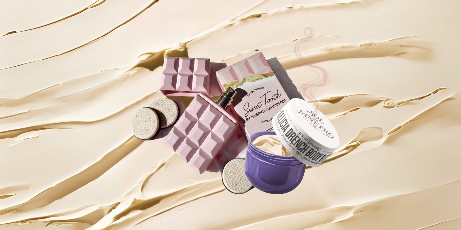 A creative ilustration of Sabrina carpenters sweet tooth perfume and Sol de janeiro boy butter