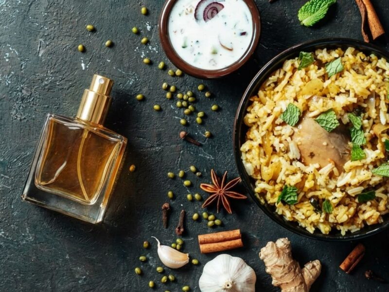 An image of a perfume with biryani, mung bean and garlic