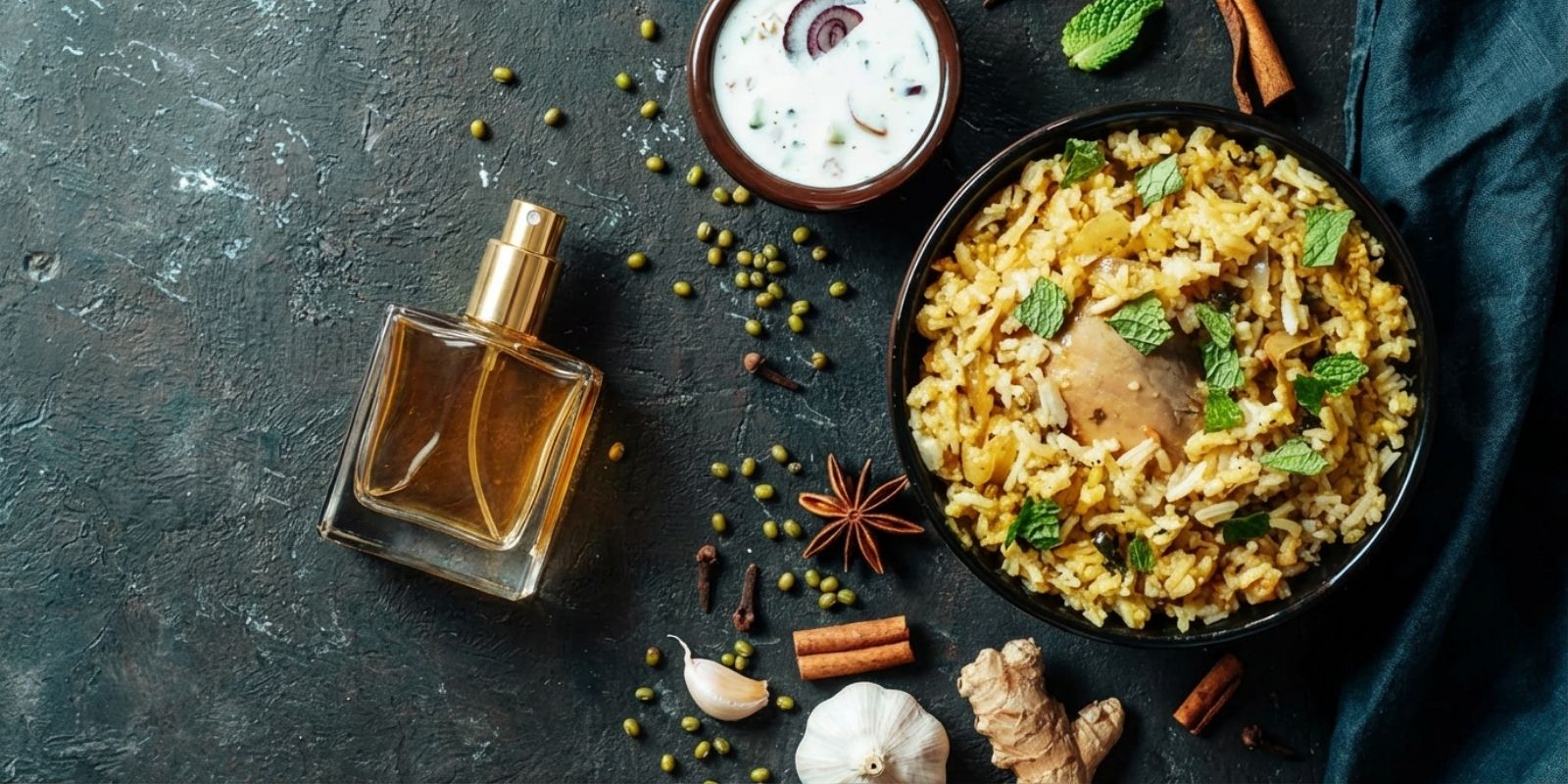 An image of a perfume with biryani, mung bean and garlic